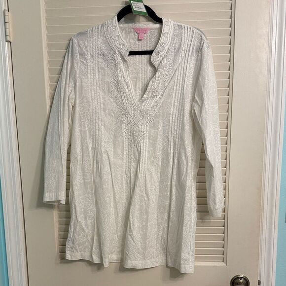 Lilly Pulitzer Sarasota Beaded Tunic Resort White Crazy Cat House Large - Picture 1 of 5